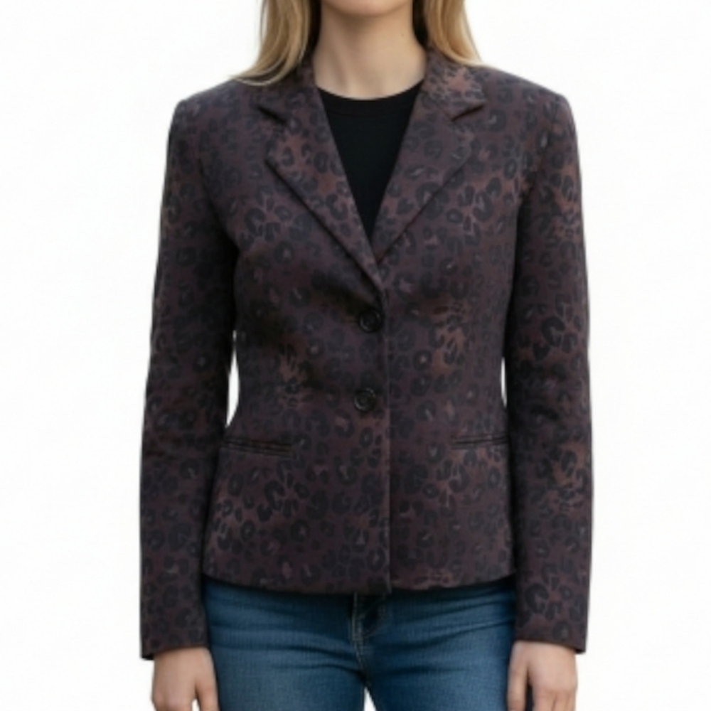 Kasper ASL Blazer Size 10 Brown Black Leopard Print Flap Front Pockets 4 Button